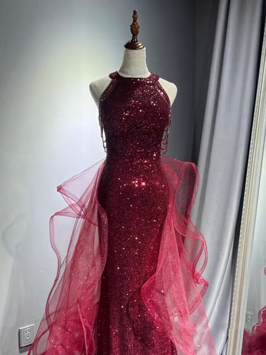 Elegant Sparking Navy Blue Evening Dresses Halt Beading Party Gown Customized Prom Dress 2025 Tiered robes de soirée Sweep Train