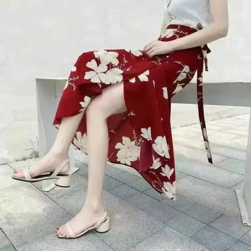Gonna floreale da spiaggia estiva per donna Gonna lunga avvolgente in cotone a vita alta lunga con spacco laterale e dettaglio cravatta Design stile Boho