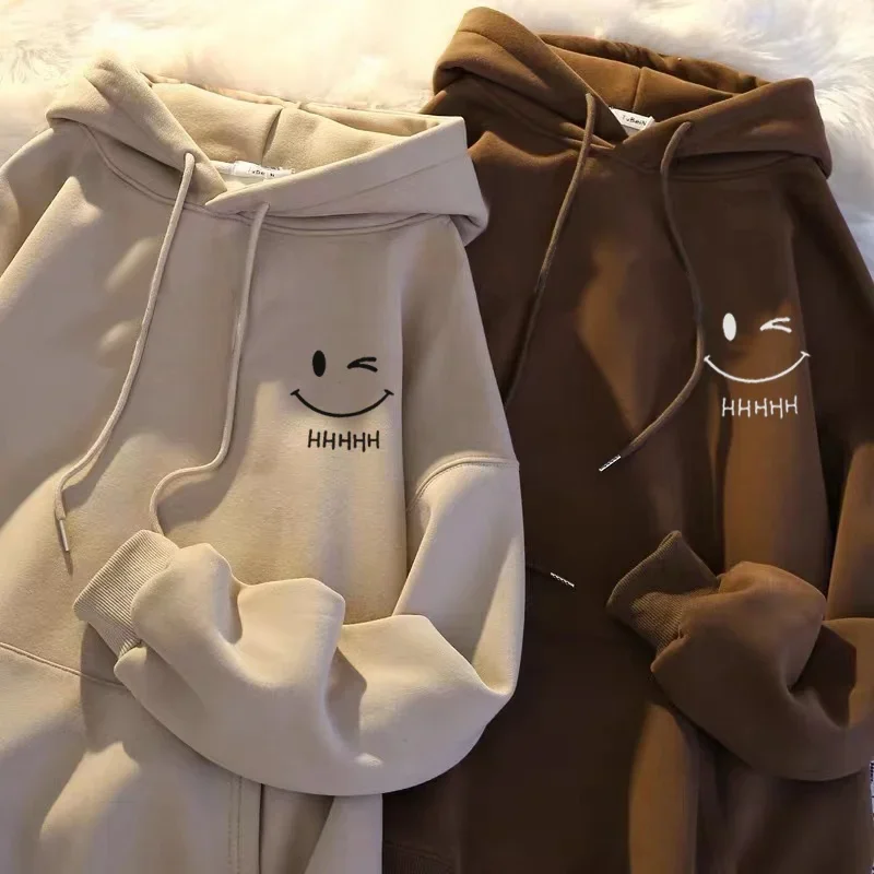 Suéter con capucha para pareja de moda divertida con cara sonriente para hombre, Jersey con capucha de Cachemira gruesa holgada y pesada americana para niños