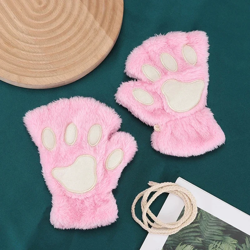 Rimiut-luvas de garra de gato de desenho animado para mulheres, meninas, espessadas, peluches, estilo adorável, pata de urso, dedos expostos, meio dedo, inverno
