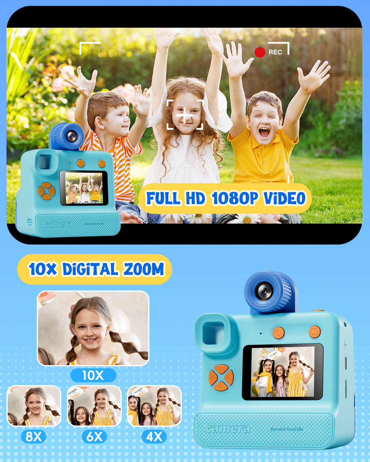 Gofunly Appareil photo numérique pour enfants Jouet 1080P HD Caméra à impression instantanée 180 °   Cadeau de caméra Len Rotation pour filles et garçons