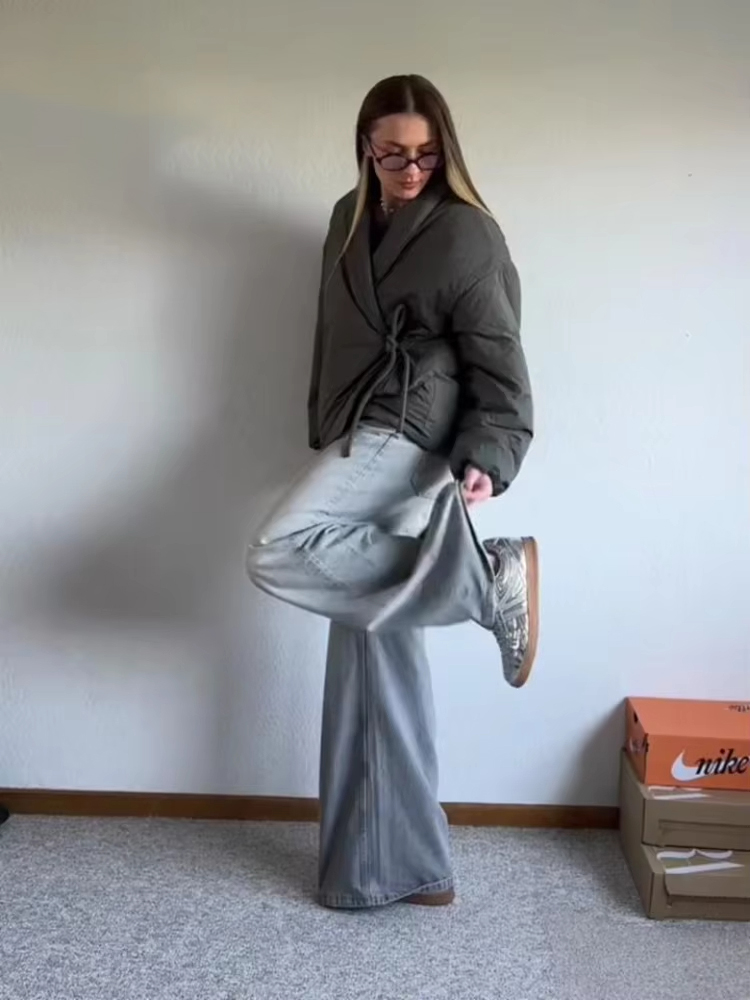 Fashion Lace Up Gewatteerde Katoenen Jas Vrouwen 2025 Winter Casual Losse Parka Jas Vintage Uitloper Vrouwelijke Warme Gewatteerde Outerwears