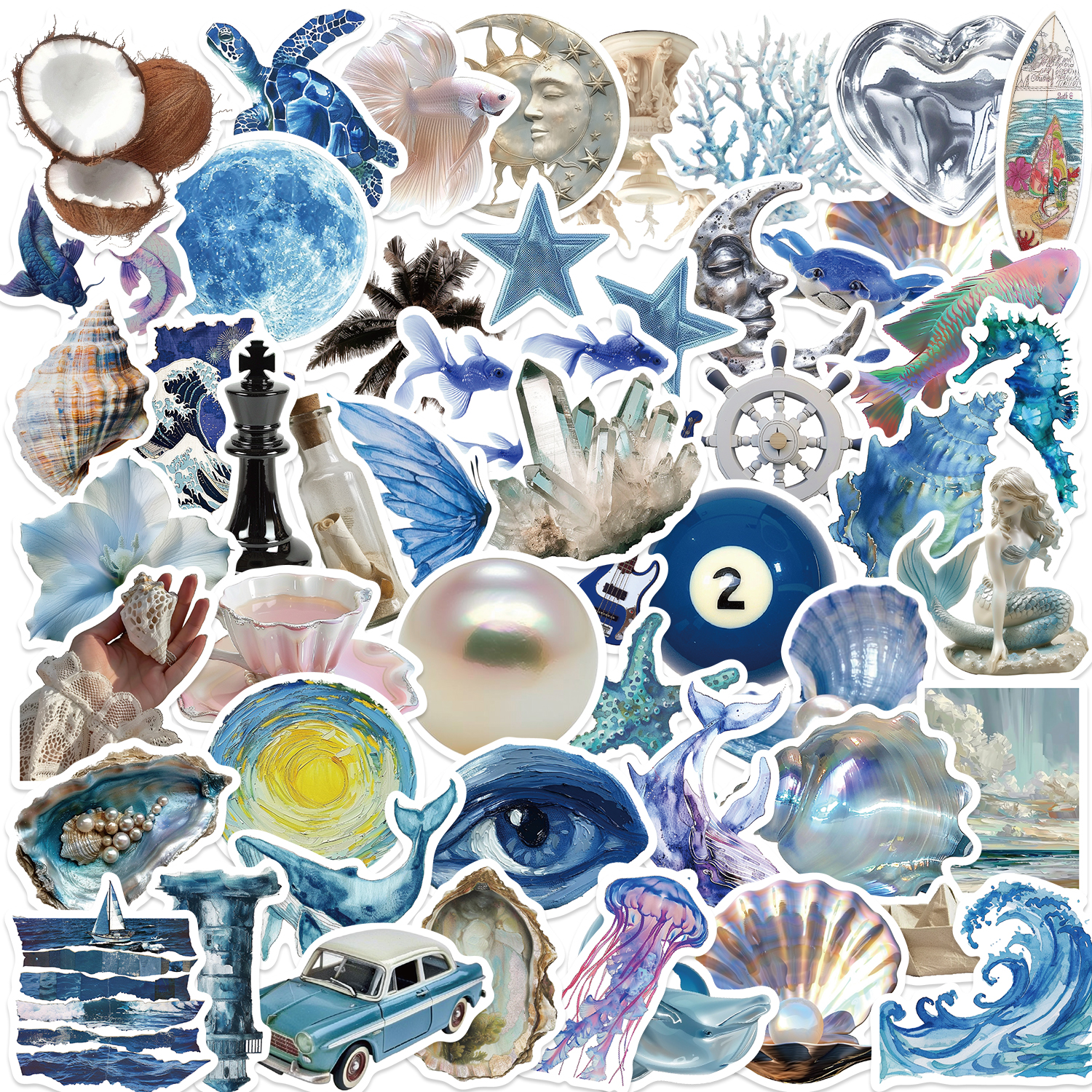 50 pçs ins vento azul e prata oceano adesivos estéticos dos desenhos animados adesivos para laptops bagagem skates scrapbooks guitarras