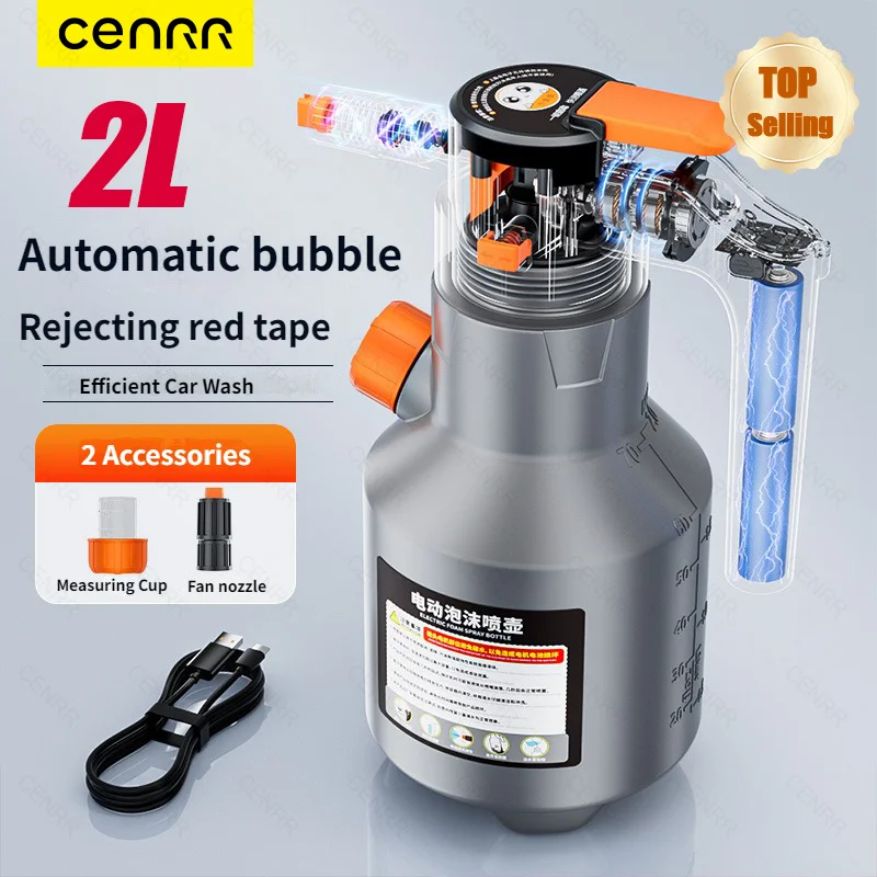 CENRR-rociador de espuma eléctrico profesional de mano, cañón de espuma para nieve de 2L, rociador de lavado de coches motorizado para lavado de coches, recargable