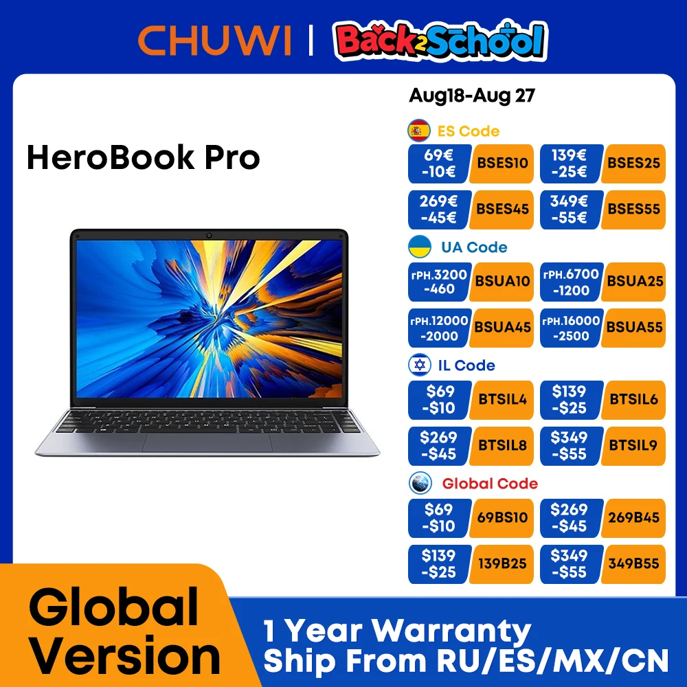 CHUWI 15.6 " HeroBook Plus Chuwi 14.1" HeroBook Pro Laptop Intel N4020 8 GB RAM 256 GB SSD 1920*1080P Komputer Windows 11 Laptopy