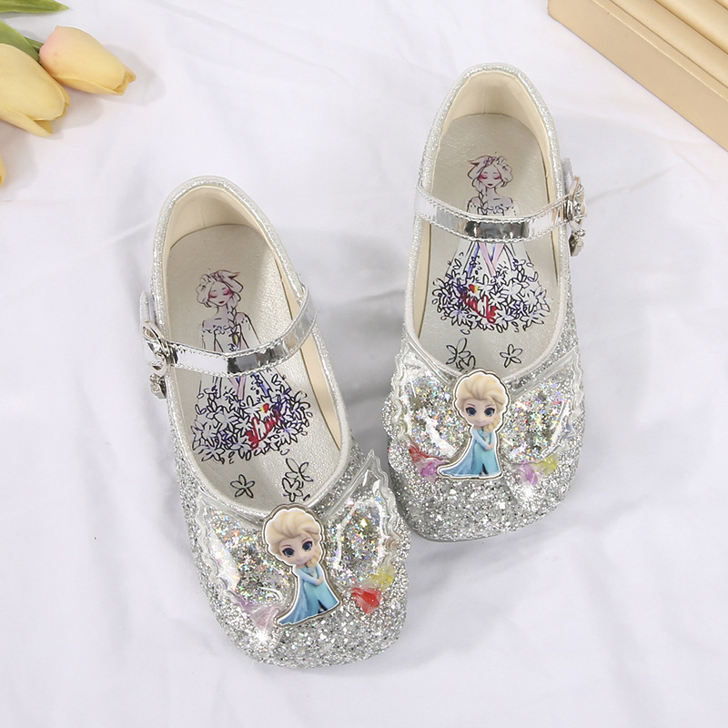 Sepatu kulit anak perempuan, sepatu kulit Disney, sol datar lucu, payet tahan aus, sepatu putri anak-anak, sepatu Elsa, merah muda, biru, ukuran 24-35