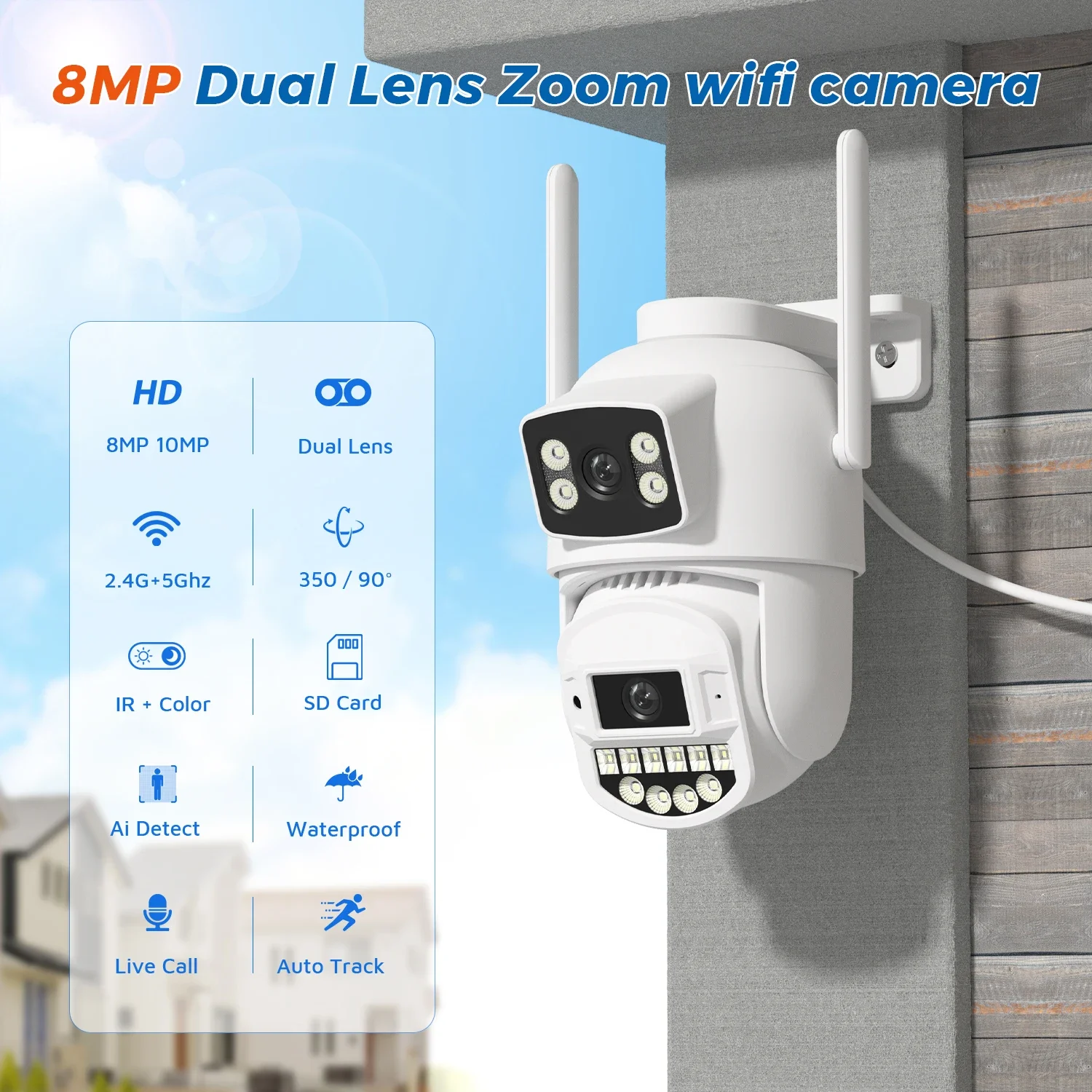 10MP 5K Wifi IP กล้องกลางแจ้ง 2.4 GHZ 5 GHZ PTZ กล้องเฝ้าระวัง Dual เลนส์หน้าจอคู่ Email Alert 4K ป้องกันความปลอดภัย