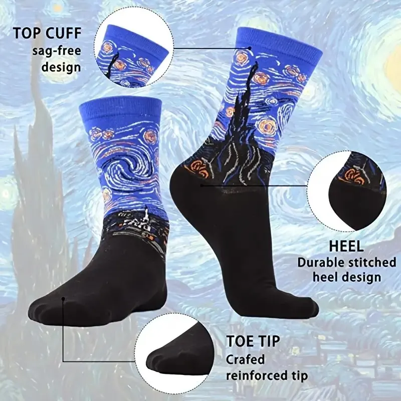 Calcetines artísticos con pintura al óleo abstracta Retro para hombre, calcetín moderno para monopatín, Van Gogh, noche estrellada, feliz, pintura al óleo, 1 par
