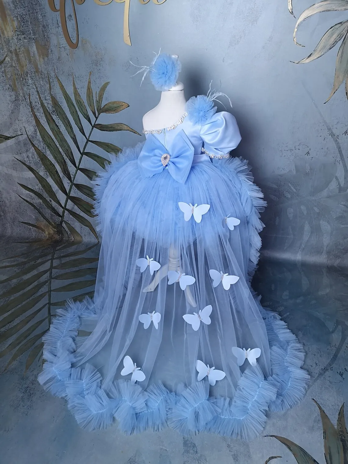 Vestido inchado azul flor menina para casamento, um ombro, tule, borboleta, festa de aniversário do bebê, primeira comunhão, vestidos de baile