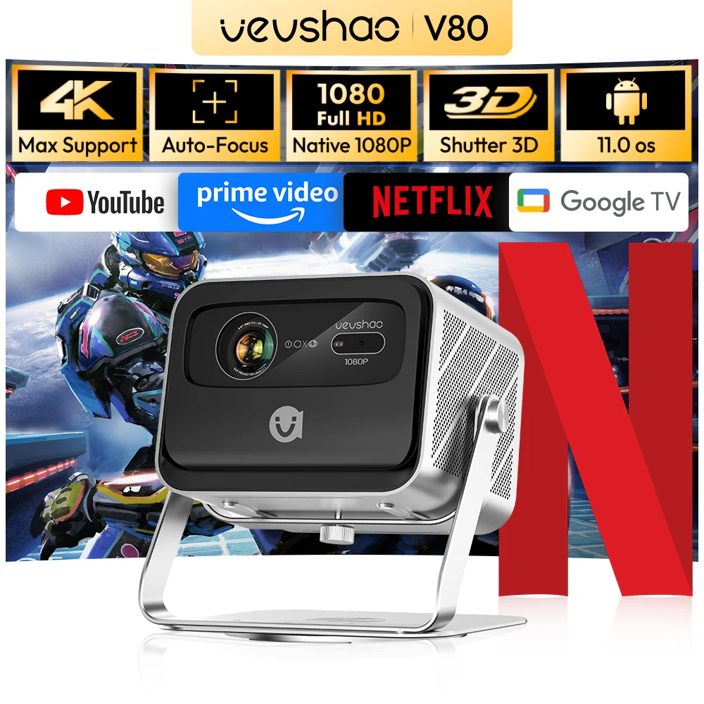 VEVSHAO V80 4K Proyector Full HD1080P 2200 Anis Lúmenes Android 11,0 WiFi 6 Video Proyectores de cine en casa con soporte de Base