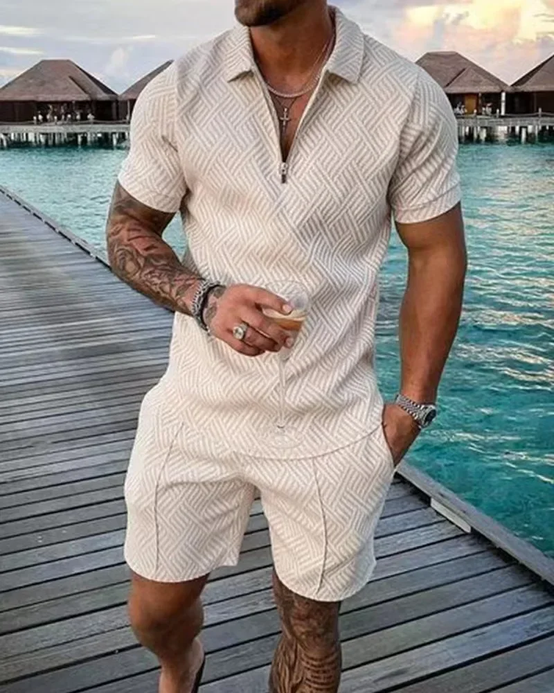 Neue 2024 männer Polo Anzug Mode Männer Sets Solide Sommer V-ausschnitt Zipper Kurzarm POLO-Shirt + Shorts Zwei Stücke männer Casual Anzug