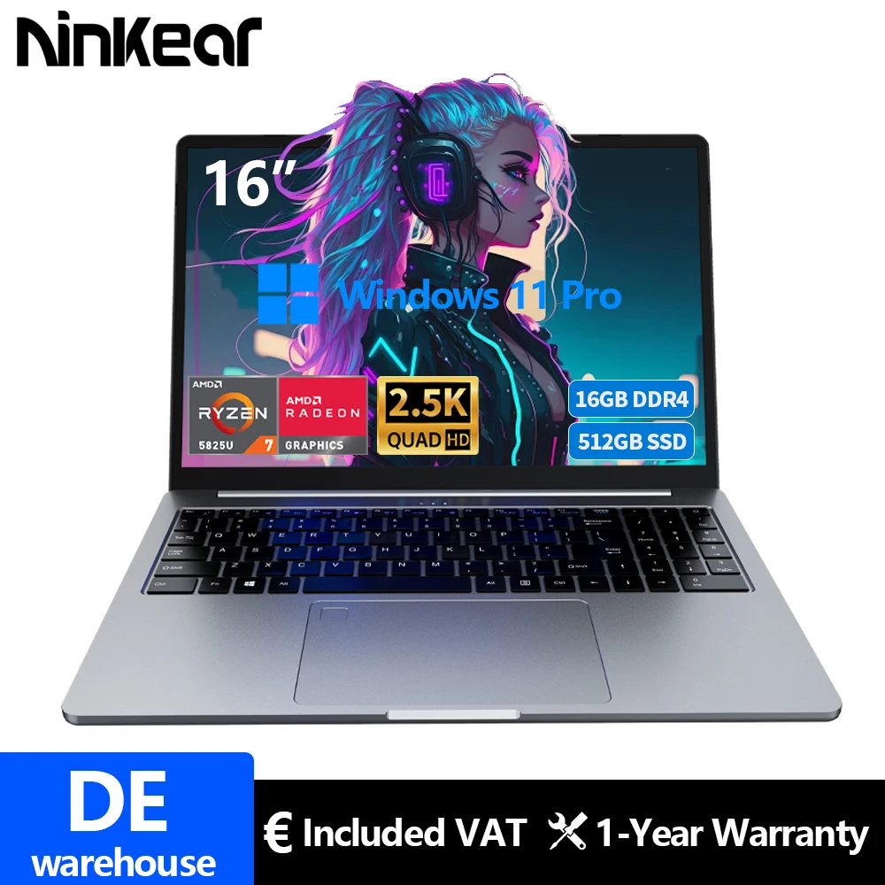 Ninkear A15 Pro Laptop 16" IPS 2,5K FHD AMD Ryzen5 5500U Notebook 16G DDR4 3200Mhz+512GB 54Wh Akku Windows11 PRO Computer