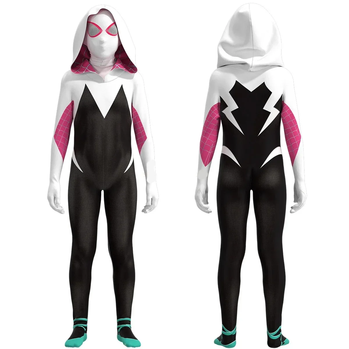 グウェン スパイド コスチューム 子供と大人用 ホワイト スパイダー ガール マスク 3D スタイル ハロウィン コスチューム コスプレ スーツ ボディ ジャンプスーツ