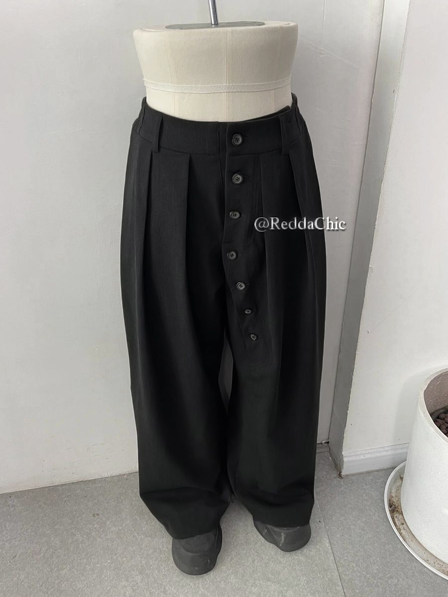 REDDACHiC-pantalones de vestir con botones irregulares para hombre y mujer, traje frontal plisado de pierna ancha con cintura elástica negra, ropa informal de trabajo