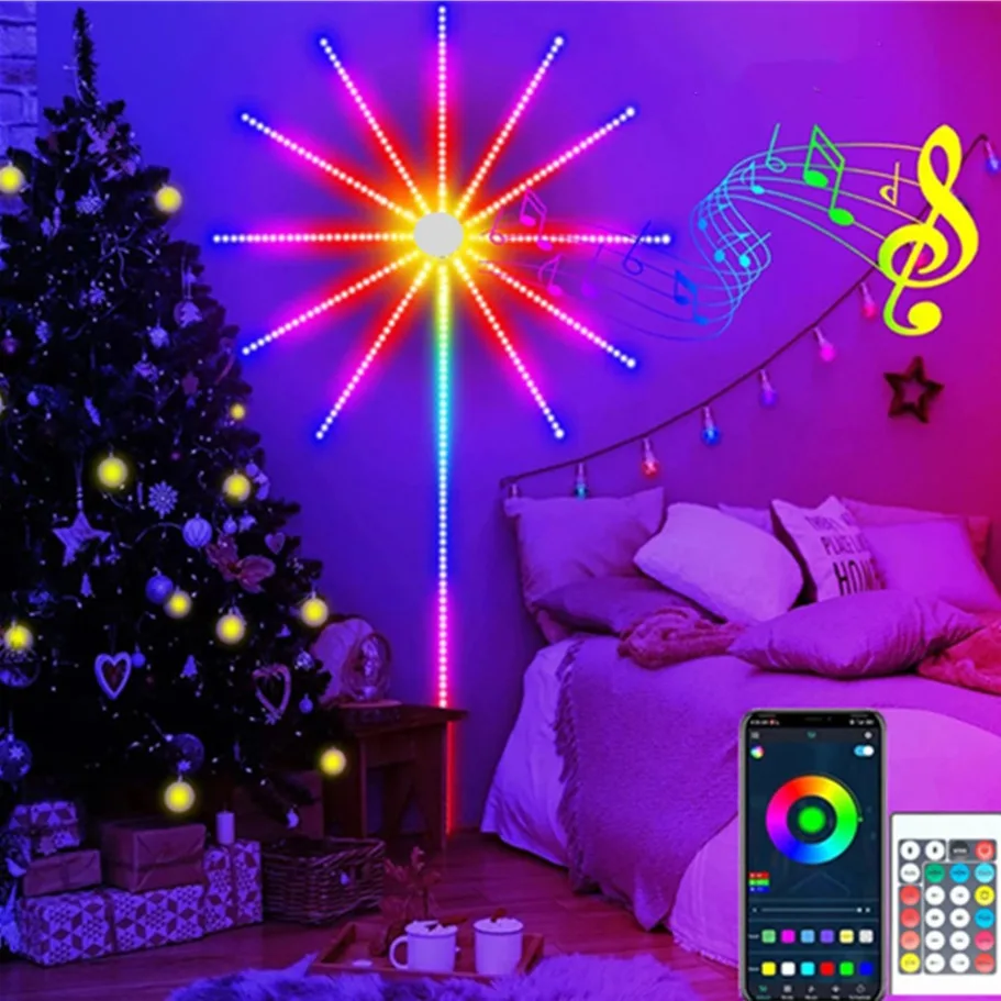 Tira de luces LED de fuegos artificiales RGBIC, Control por aplicación Bluetooth, tira de neón USB de 5V, decoración para fiesta de Navidad, sincronización de música, luz decorativa para dormitorio