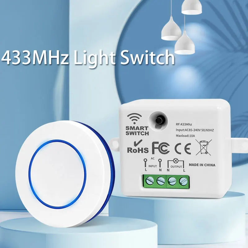 Interruptor de luz sem fio rf 433mhz, 220v 110v 10a, controle de relé, mini botão redondo, interruptor de painel de parede, controle remoto para lâmpada led