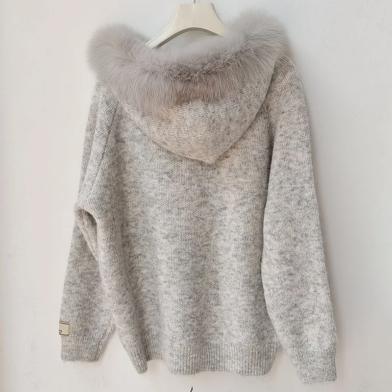 Feminino 2025 real pele de raposa com capuz guarnição cardigan com zíper moda manga longa camisola de malha curta com listra de pele real