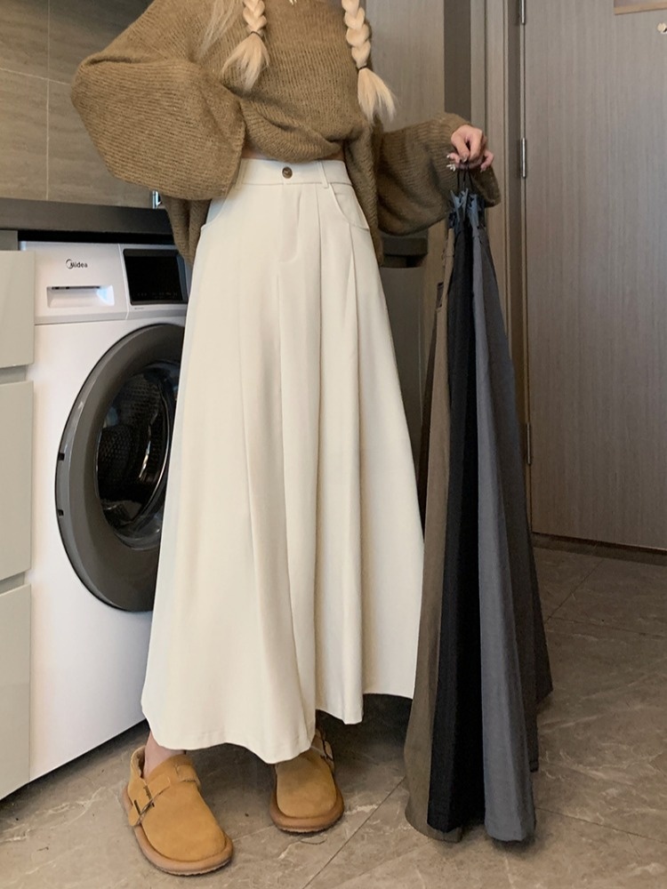 Spring 2025 New Korean Sle High Waist Apricot Pleated Mini Skirt Women's Versatile Slimming Black Suit A-Line Long Skirt