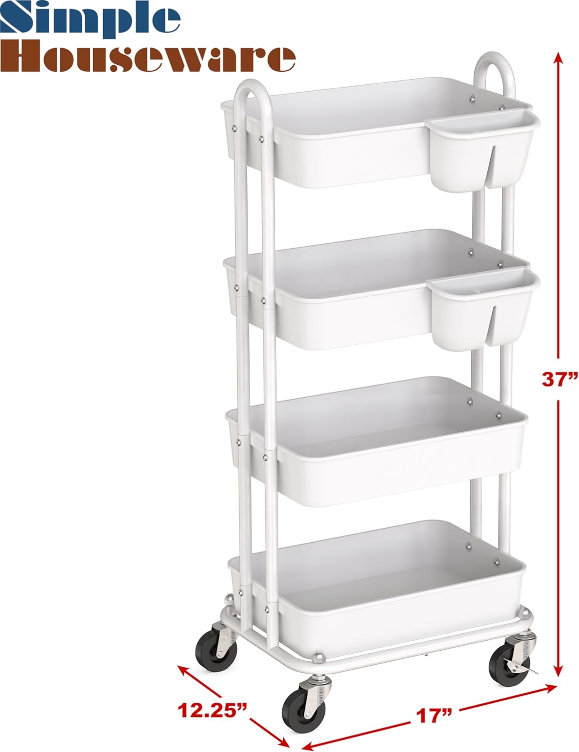 4-Tier Rolling Utility Cart with Hanging Buckets, White