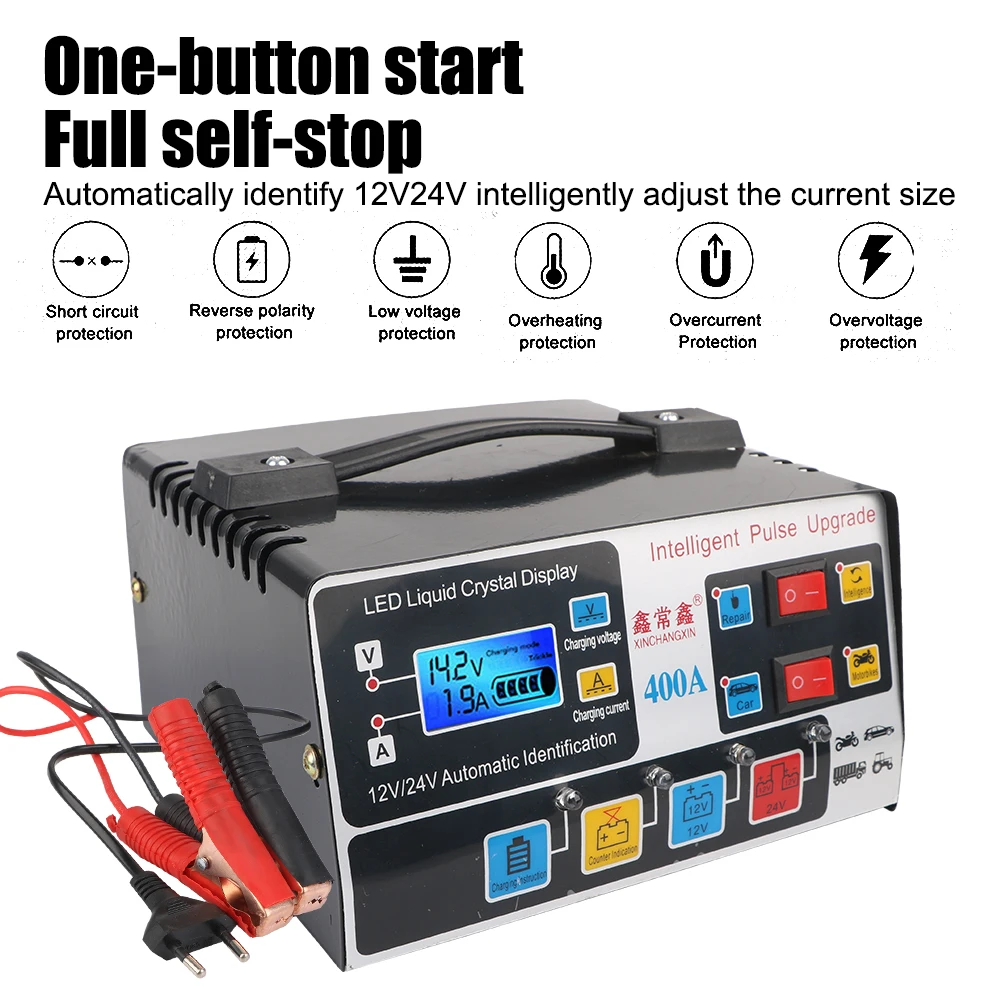 Voor Suv Vrachtwagen Boot Motorfiets Eu Plug Volautomatische 12V/24V 220W Auto Acculader Puls Reparatie High Power Lcd-Display