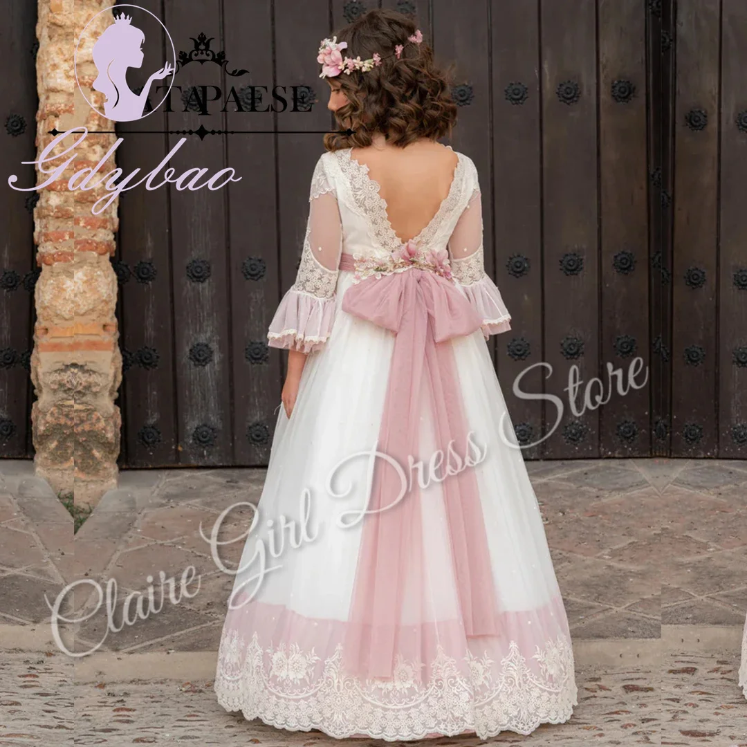 ที่กําหนดเองElegantชุดสาวดอกไม้สําหรับงานแต่งงานBacklessกับโบว์เจ้าหญิงวันเกิดParty First Communion Ball Gown