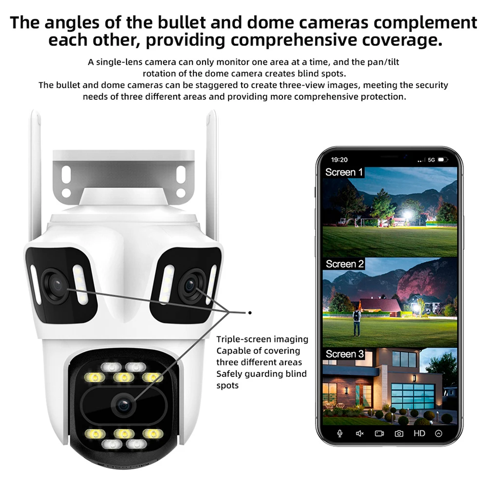 Kerui icsee ao ar livre ptz 6k wifi câmera ip de segurança em casa lente tripla câmera cctv vigilância de vídeo com telas triplas