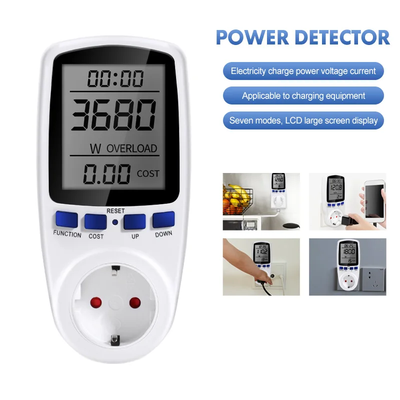 Medidor de potencia LCD Digital, vatímetro de 220V, enchufe de potencia Kwh, toma de medición de energía, enchufe europeo, protección contra sobrecarga, 7 modelos de pantalla