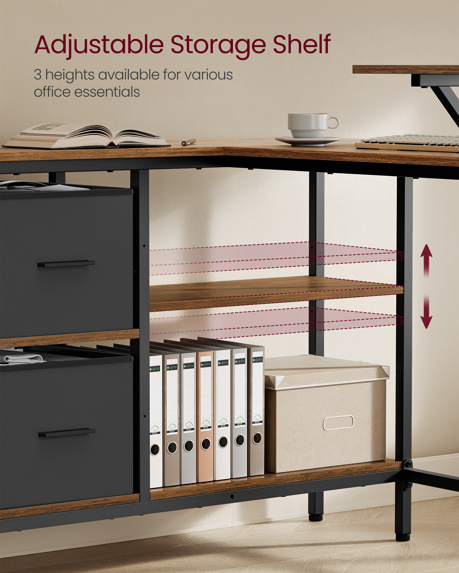 VASAGLE L-Shaped Desk with 2 Spacious Drawers, Gaming Desk with Monitor Stand, Corner Desk, Computer Desk, 135x105x89cm