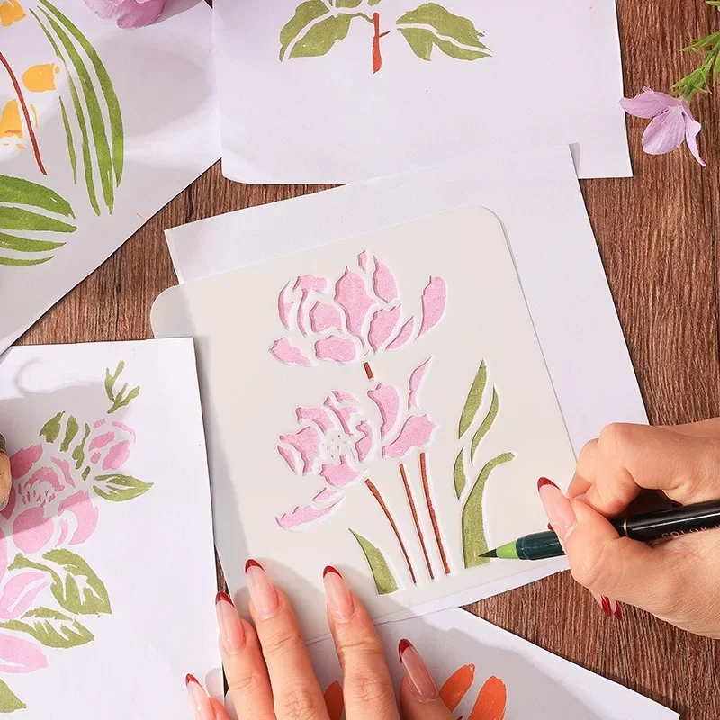 6pcs/set Retro Aesthetic Floral Stencils Scrapbook Journal Stencils for Painting Mini Portable Wall Plastic Stencil Templates