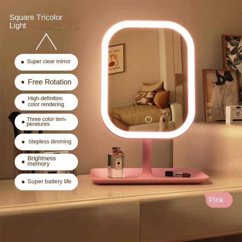 Espejo de tocador de escritorio moderno de nicho, espejo de maquillaje LED con luz de 3 colores, espejo táctil, espejo de tocador para dormitorio de mujer