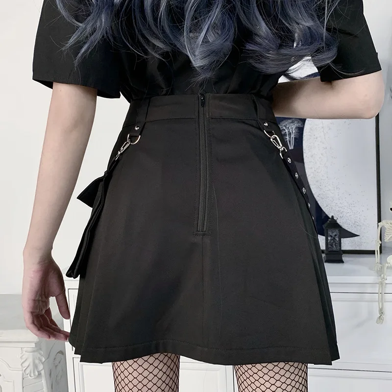 Harajuku Punk Gothic czarna wysoka talia kobiety z lat czarna spódnica seksowna patchworkowa bandażowa Mini damska czarna spódnica streetwearowa