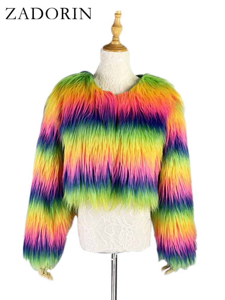 ZADORIN Mode Kleurrijke Regenboog Harige Faux Bontjas Vrouwen Crop Top Herfst Winter Pluizige Cropped Bont Jas Festival Kleding