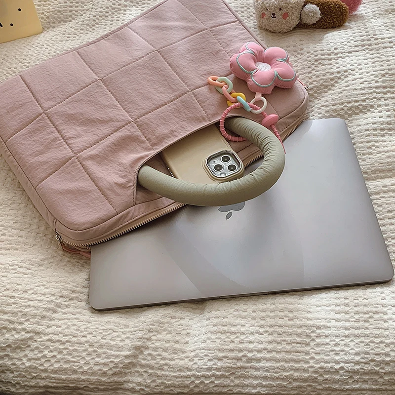 Borsa per laptop da donna imbottita in cotone alla moda da 14 pollici, borsa per tablet, design in colori a contrasto, valigetta semplice e carina
