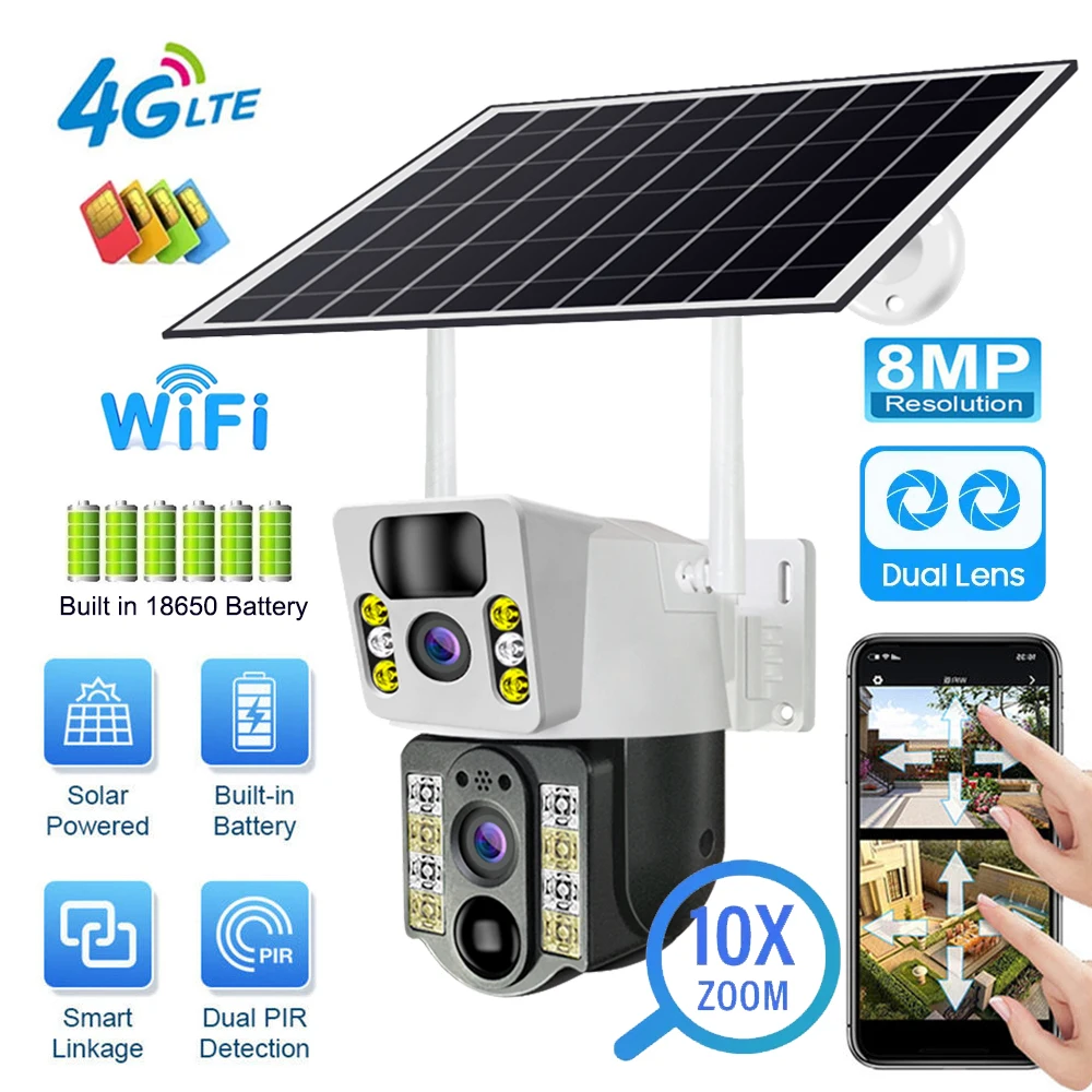 8MP 4K Telecamera solare wireless 4G Sim Outdoor Dual Lens Wifi IP Camera PIR Visione notturna V380 Pro CCTV Protezione di sicurezza Monitor