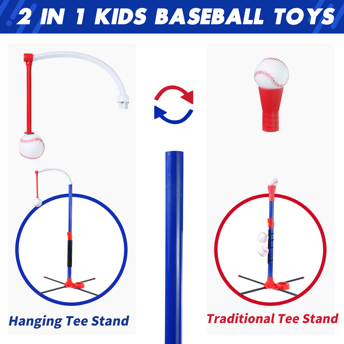 Juego de juguetes de béisbol para niños 3 en 1 con soporte de bola colgante/bola en T de pie/lanzador automático, juego de béisbol para niños pequeños de altura ajustable