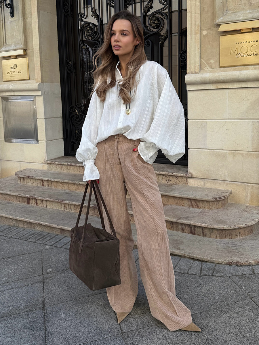 Bornladies Baumwolle Damen Neue Retro-Hose mit weitem Bein, lockere Passform, Cord, hohe Taille, trendige Herbst-Winter-Modehose