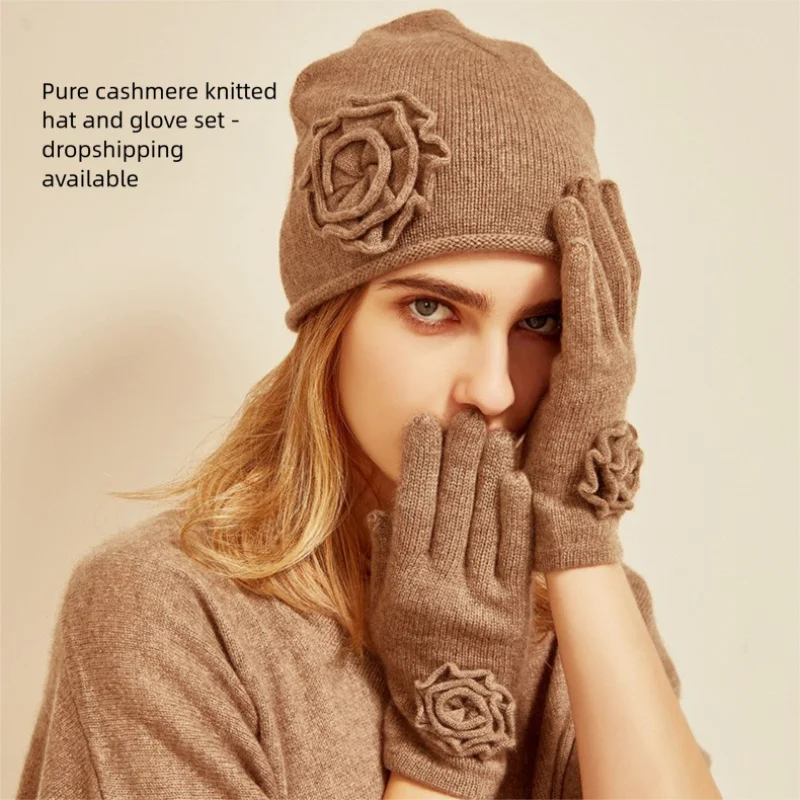2025 100% Cashmere Hand Crocheted Flower Knitted Rose Pure Cashmere Gloves Hat Outdoor Two Piece Set Christmas Gift