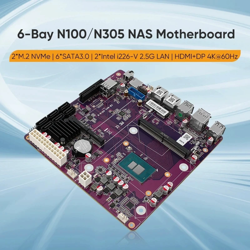 Placa base NAS i3-N305 N355 N100 N150 de 6 bahías 1 * PCIEx4 2 * Intel i226-V 2,5G 2 * M.2 NVMe 6 * SATA3.0 DDR5 Firewall Mini placa base ITX