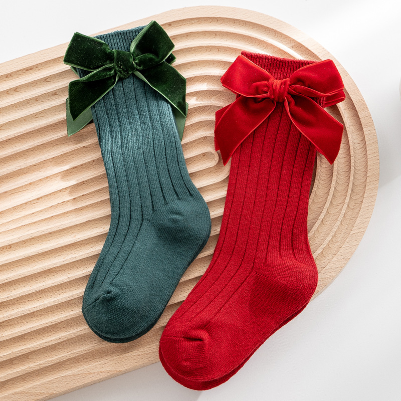 ベビークリスマス女の子靴下秋冬幼児ビッグリボンニーハイロング子供靴下ソフトコットンレッド新生児 Socken のための 0-5 年