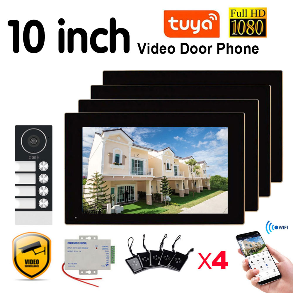 Tuya 10-дюймовый сенсорный монитор, видео Wi-Fi, домофон, умное домашнее видео 3/4, семейная система дверного звонка для квартиры, 1080P, широкоугольная камера