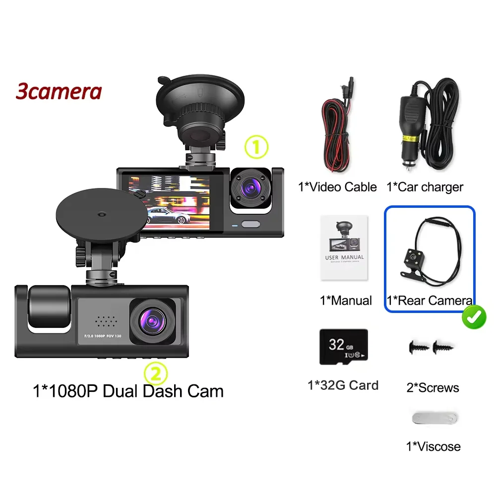 3 Channel Car DVR HD 1080P 3-Lens Inside Vehicle Dash CamThree Way Camera DVRs Recorder Video Registrator Dashcam Camcorder