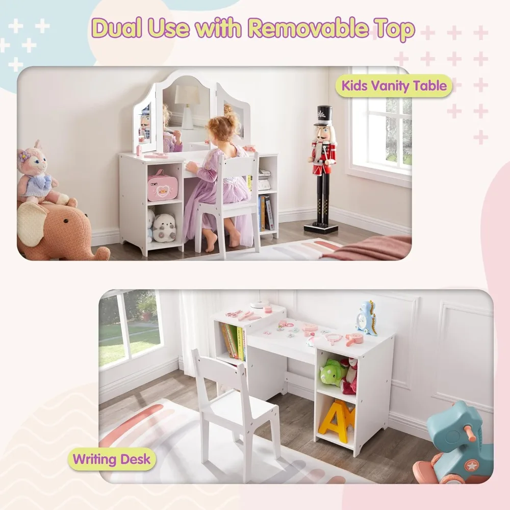 "2-in-1 Kids Vanity Set with Storage Cabinet & Detachable Top – Includes Tri-Fold Mirror for Girls’ Princess Makeup Play"