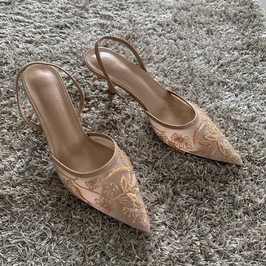 Sandali moda ricamati in rete Donna String Bead Tacchi alti Ciabatte Scarpe a punta Pantofole con cinturino alla caviglia Donna Zapatos De Mujer