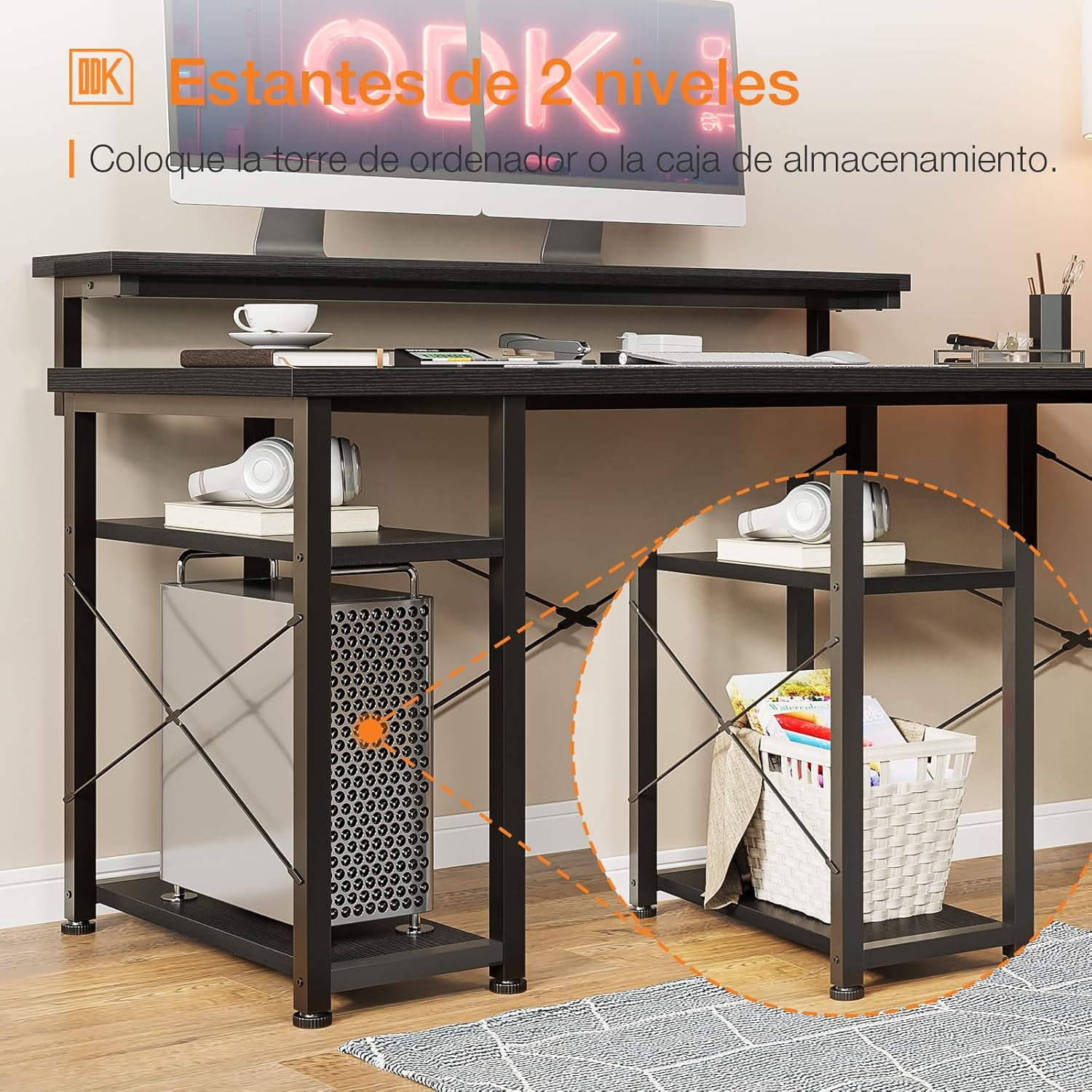 Réductions à durée limitée--ODK Bureau avec Étagère, Bureau en L avec Support de Moniteur Long, Noir 155×140cm