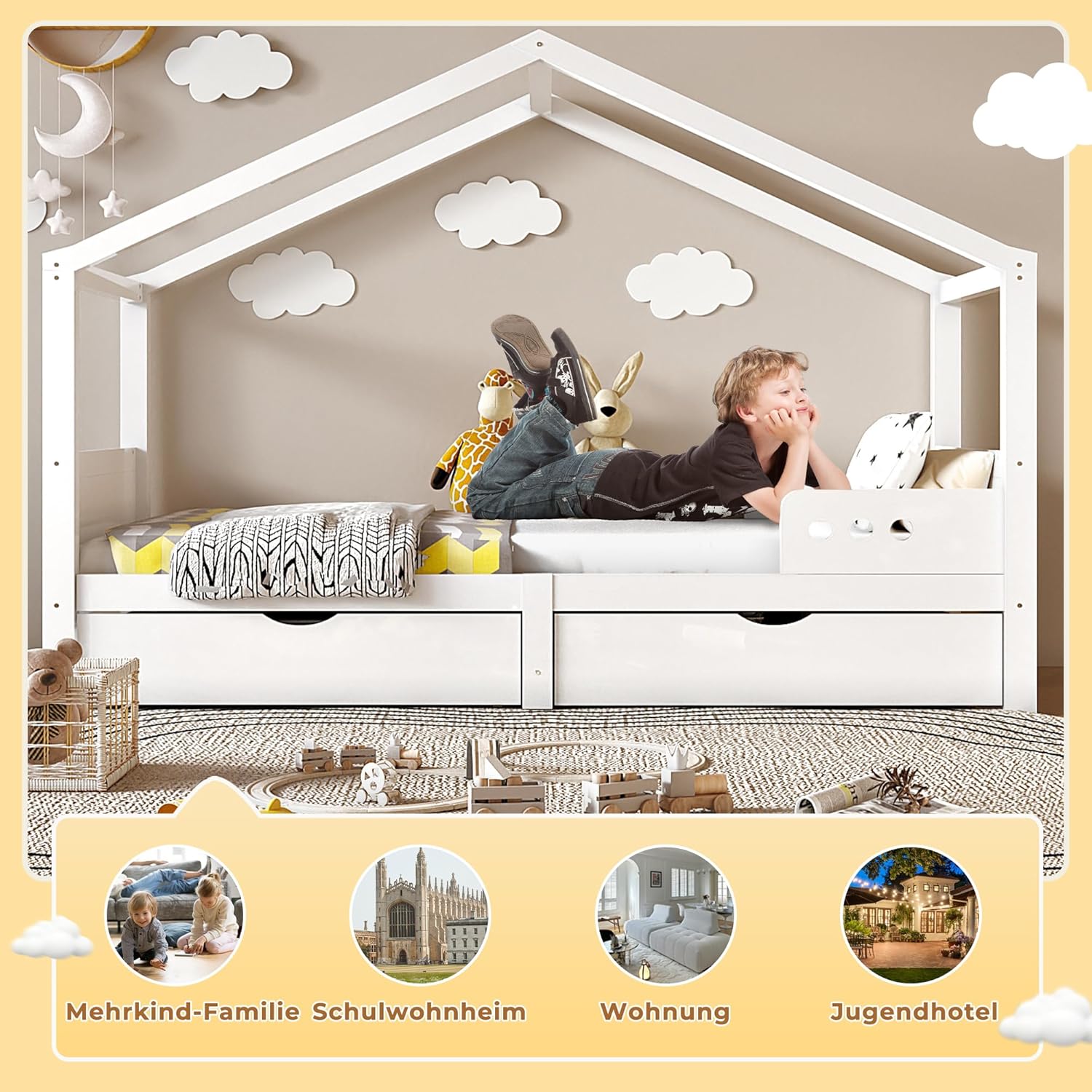 Cama Infantil de 90 x 200 cm – versátil Cama Infantil de Madera para niños y niñas (Blanco + 2 cajón)