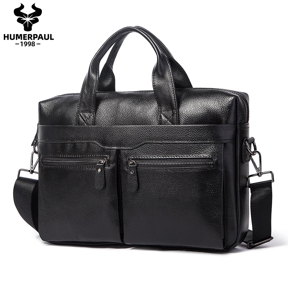 HUMERPAUL Maletín de cuero genuino para hombre, bolso para portátil de negocios con múltiples bolsillos, bolso duradero, bolsos de hombro para viaje ﻿