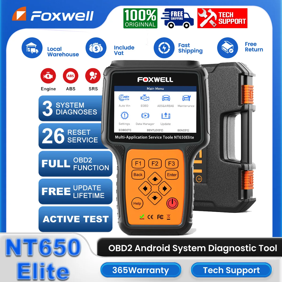 FOXWELL NT650 Elite OBD2-Scanner, voll bidirektionales Scan-Tool, Automotor, ABS, SRS, Diagnosecodeleser mit 26-Resets-Service