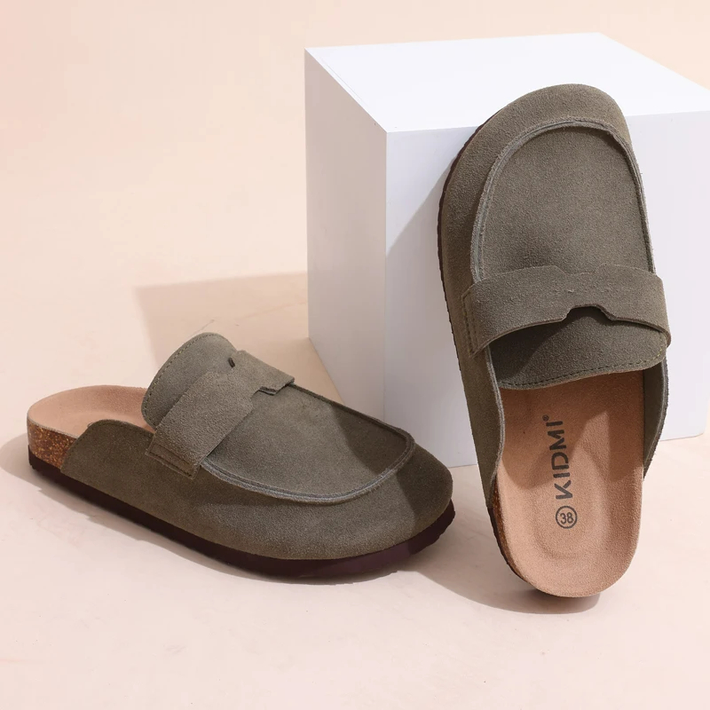 Crestar Damen-Clogs, Hausschuhe, klassische Mode, Kork-Wildleder-Pantoletten, rutschfeste Hausschuhe, modische Außenschuhe mit Fußgewölbeunterstützung