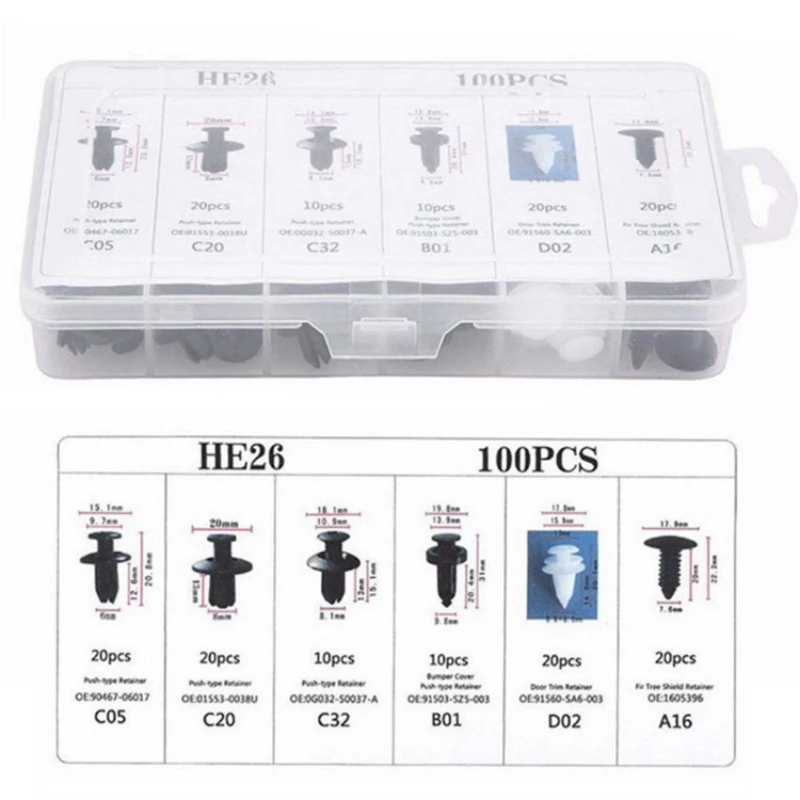 100/50 pcs Mixed Auto Plastic Fastener Clips – 6 Types Quick-Fix Car Interior Trim Rivets & Buckles in OPP Bag/Box