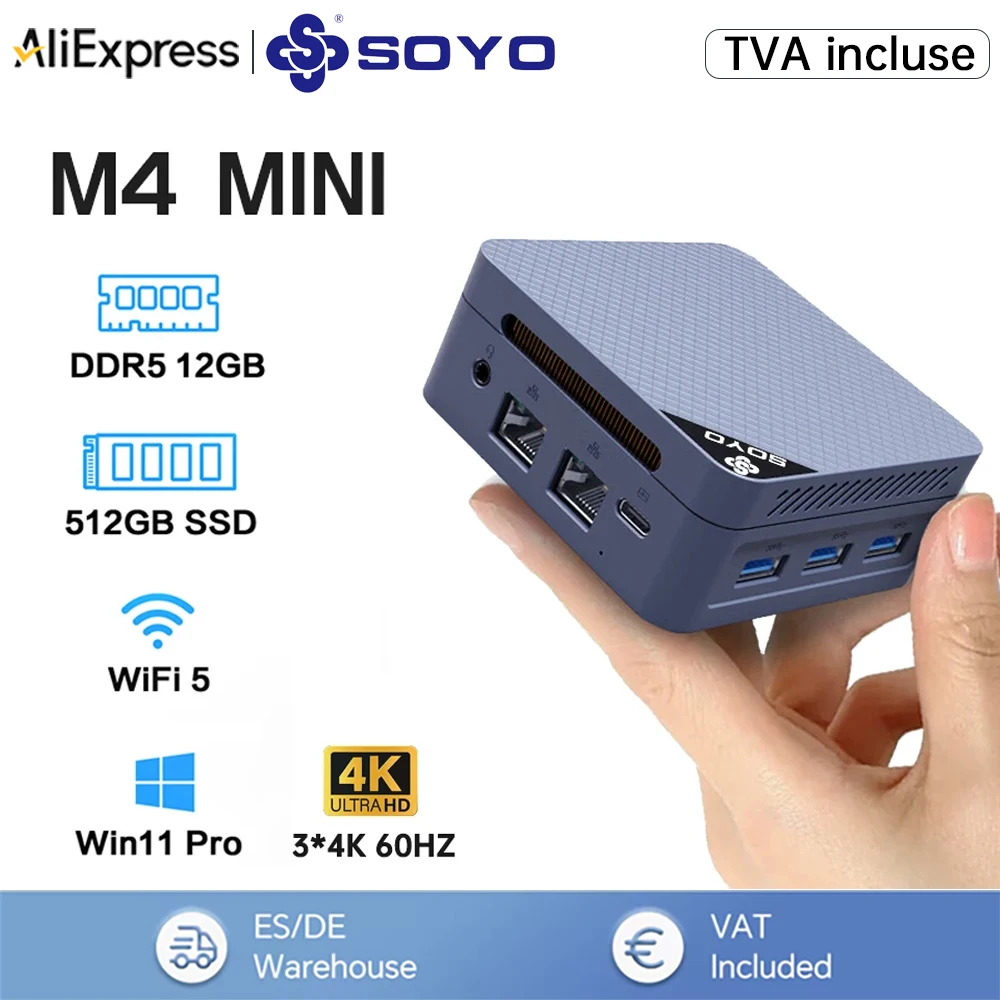 SOYO Mini PC M4 Mini Intel Twin Lake-N150 CPU 12GB DDR5 4800MHz M.2 2242 512GB SSD WiFi5.0 BT5.0 USB3.2 Tipo-C Computer portatile